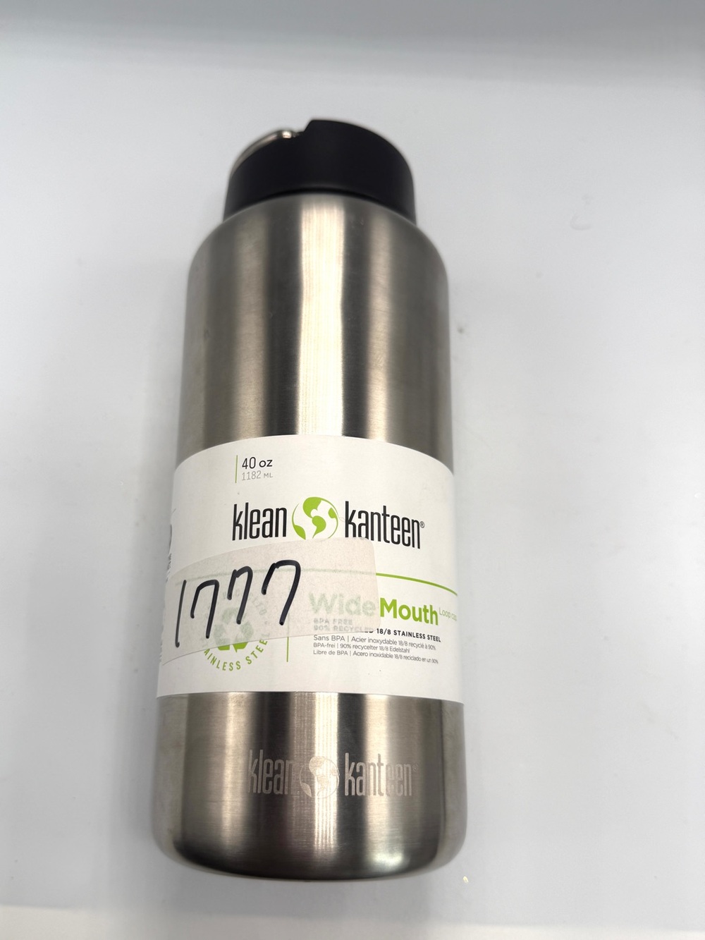 NEW Klean Kanteen 40oz Wide Mouth Stainless Steel Water Bottle, Black Loop Lid